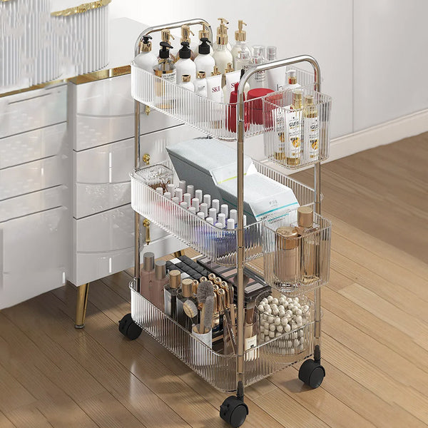 Tier Acrylic Trolley Storage Rack with Wheels | Clear Rolling Organizer Cart for Home